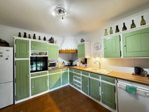eine grüne Küche mit weißen Geräten und grünen Schränken in der Unterkunft La Provençale - Piscine - Chambres climatisées in Aubignan