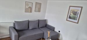 a living room with a gray couch and pictures on the wall at Mitten im Sauerland in Finnentrop