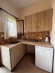 a kitchen with wooden cabinets and a sink and a dishwasher at Mr. Greek Villa in Petra