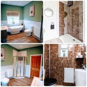 eine Collage mit vier Bildern eines Badezimmers in der Unterkunft Northfield Cottage, Games & Arcade Room, Dog Friendly HS2, NEC, BHX, M42, Family Gatherings, Contractors, Hot Tube Hire Optional in Hampton in Arden