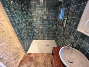 łazienka z prysznicem i umywalką w obiekcie Maison d'hôtes L'ormerie- Au coeur de la ville médiévale w mieście Provins +5 zdjęć