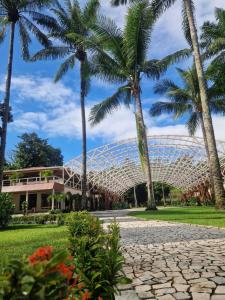 a garden with palm trees in front of a building at Pousada Vila da Barra in Ilha de Boipeba