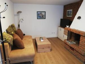 a living room with a couch and a fireplace at Ferienwohnung am Halbmond in Badbergen