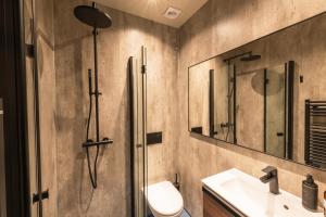 a bathroom with a toilet and a sink and a mirror at Centrum Hotel in Akureyri +37 photos