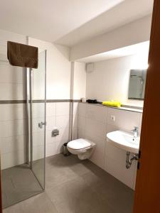a bathroom with a toilet and a sink at Pader-Motel in Paderborn