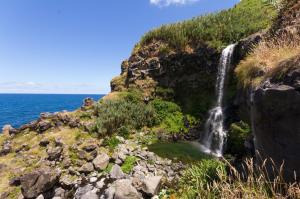 una cascata su una scogliera vicino all'oceano di Pura Vida a Lomba da Maia