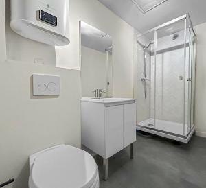 Koupelna v ubytování Pépites rares en bord d'Allier, découvrez trois T1 rénovés, proches Vichy et Saint-Yorre, transports, thermes et toutes commodités + 44 fotografií