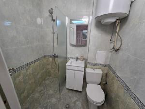 a bathroom with a shower and a toilet and a sink at Paradise Studio NBU in Sofia