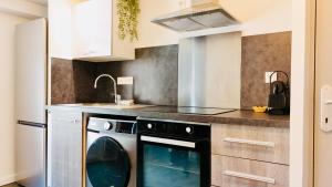 a kitchen with a washing machine and a sink at Juni - Climatisé & Balconnet in Brignoles