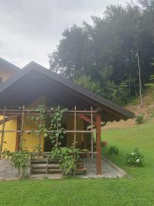 a house with a black roof and a green yard at Pr DOLENC in Petrovče
