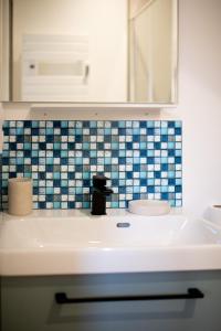 eine Badezimmerablage mit Waschbecken und Spiegel in der Unterkunft Studio Lucien - Villa Bon Accueil proche mer in Mers-les-Bains