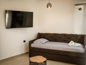Una sala de estar con un sofá y un televisor de pantalla plana. en Villa Terra Promessa, en Ulcinj