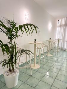 a room with tables and chairs and a potted plant at Hotel Residence Eden in Palinuro