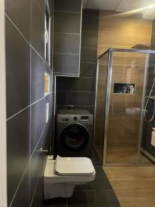 a bathroom with a washing machine and a toilet at City soul duplex apartment in Maribor