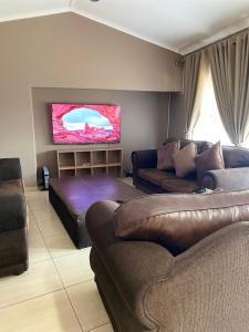 un salon avec un canapé et une télévision dans l'établissement Estelle Family cottage, à Johannesbourg