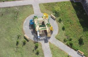 an overhead view of a playground with a train at Zatoka in Zatoka