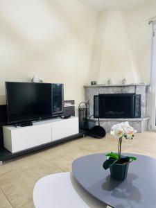 Una sala de estar con televisión y chimenea. en A&B Villa Nea Fokea, en Nea Fokea