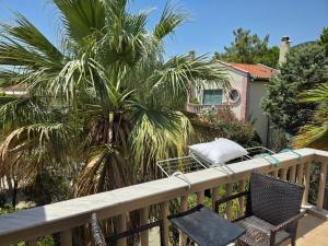 a balcony with a chair and a palm tree at Alex House Garden in Iraklitsa