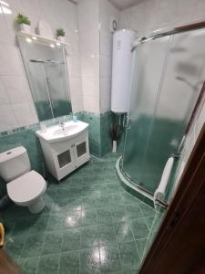 Un baño con inodoro, lavabo y ducha. en Апартаменти Ванкови, en Veliko Tŭrnovo 12 fotos más