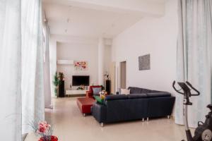a living room with a black couch and a red chair at Villeni Panorama Apartment Oktonia in Okhthonía