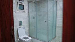 a bathroom with a glass shower with a toilet at Premium Swiss Residence Agouza in Cairo +13 photos