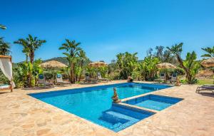 a pool at a resort with palm trees at Can Andreuet in Sant Carles de Peralta