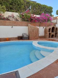 une grande piscine avec de l'eau bleue et des fleurs dans l'établissement 1B V150B Chalet 3bedrooms basement green beach, à El Alamein