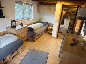 LeunaにあるPension 10 Bettenのリビングルーム(ベッド2台付)、キッチンが備わります。