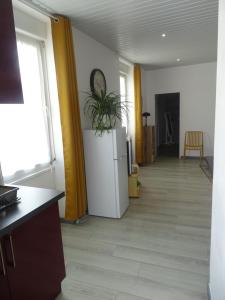 a living room with a white refrigerator and a plant at Appartement proche voie verte et canal in Feugarolles +2 photos