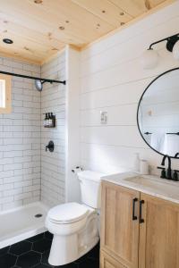 a bathroom with a toilet and a sink and a mirror at Arrow Head Cabin in Killington +38 photos