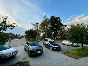 a group of cars parked in a parking lot at Nocleg krótkoterminowy w centrum Rakowa dla 4 osób in Raków