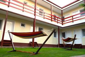 zwei Hängematten in einem Hof vor einem Gebäude in der Unterkunft Vila Aty & Michelle in Vama Veche