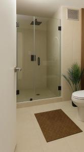 ein Bad mit einer Dusche, einem WC und einem Teppich in der Unterkunft Apartamento Con Vistas En Ocean Blue Porlamar in Porlamar