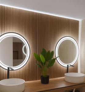 zwei Spiegel in einem Badezimmer mit zwei Waschbecken und einer Pflanze in der Unterkunft Apartamento Con Vistas En Ocean Blue Porlamar in Porlamar