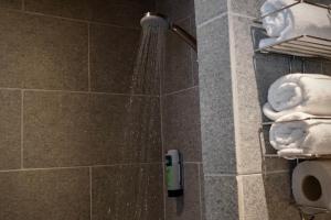 a shower with a shower head in a bathroom at Hotel La Crémaillère in Le Grand-Bornand +32 photos