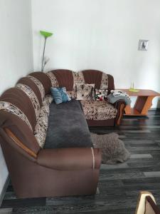 a brown couch sitting in a living room at Peldu apartments in Liepāja