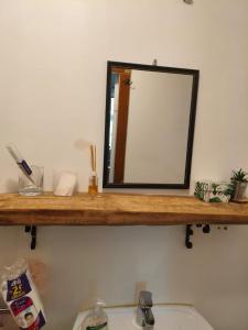 a mirror on a wooden shelf above a toilet at Peldu apartments in Liepāja