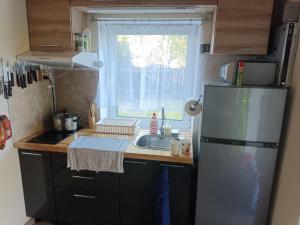 a small kitchen with a sink and a refrigerator at Miera osta 