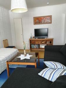 a living room with a couch and a tv at Majoitus Puistotie in Mänttä