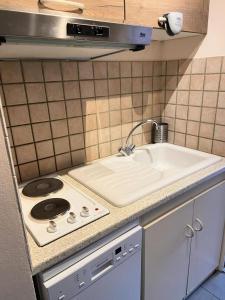 eine Küche mit Herd und Spüle in der Unterkunft Résidence Le Bois D'aurouze - Studio pour 4 Personnes MAE-7744 in Le Dévoluy
