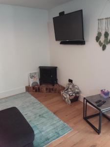 a living room with a flat screen tv on the wall at Kingfisher Luxury Tent, Howdales in Louth