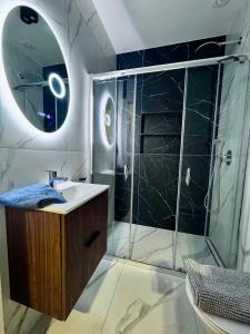 un bagno con doccia, lavandino e specchio di Marina Dziwnow Premium Haus a Dziwnów