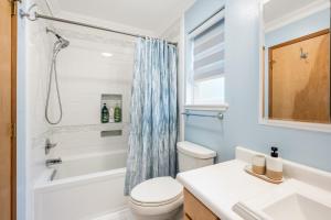 a bathroom with a toilet and a tub and a sink at Magical Mountain Retreat in Juneau +17 photos