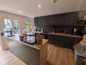 a kitchen with black cabinets and a counter top at Haus Ferdinand in Monschau
