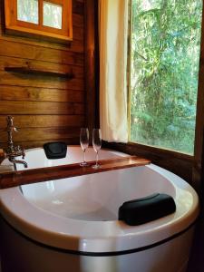 a bath tub with two wine glasses and a window at sítio Refúgio do Barro Branco in São Pedro de Alcântara +107 photos