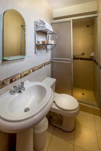 a bathroom with a toilet, sink and mirror at El Virrey Boutique in Cusco