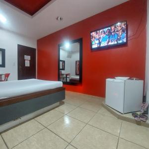 a bedroom with a bed and a tv on the wall at Hotel e Motel Rarus in Igaratinga