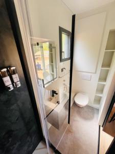 Un baño con inodoro y ducha de cristal. en L etoile au cœur de la nature, en Rosselange