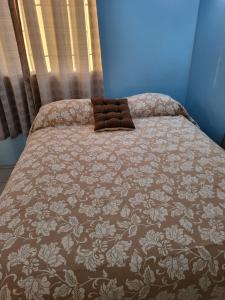 a bed with a brown and white bedspread and a window at Scotland Villa-Dominica in Canefield