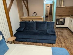 a living room with a blue couch and a kitchen at Ultra-central apartment in the Dauerbach Palace in Timişoara